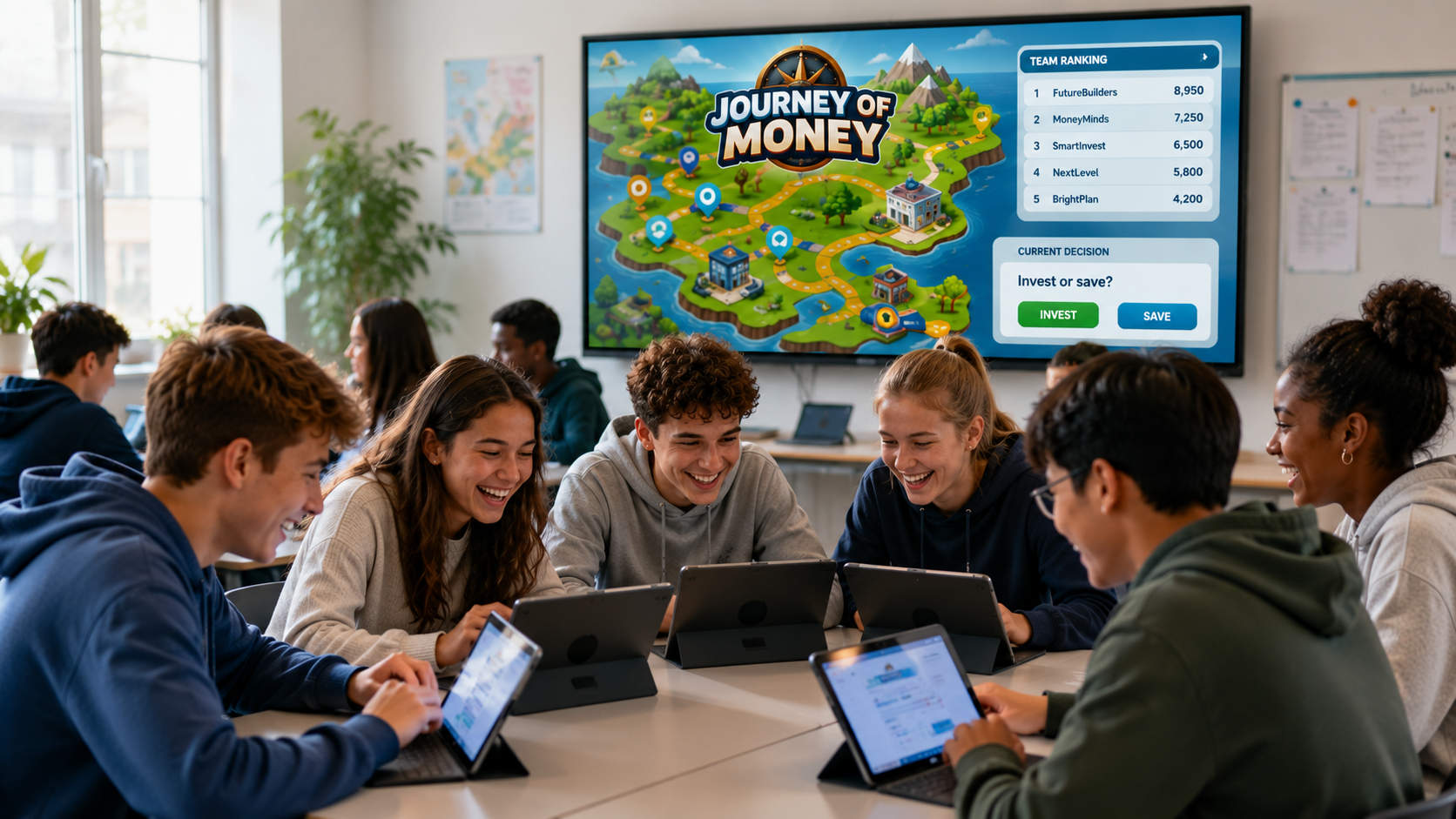 Jugendliche spielen Journey of Money gemeinsam im Klassenraum an Tablets, im Hintergrund die Spielkarte auf der Leinwand.