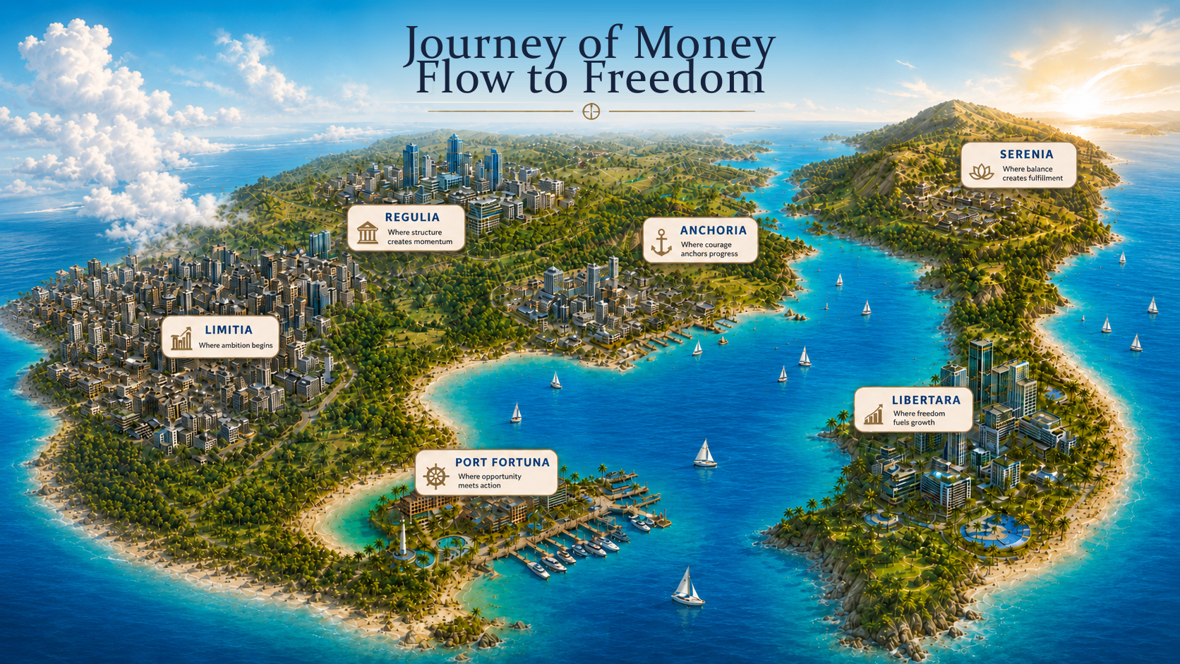 Die Spielkarte von Journey of Money: die Finanzreise von Limitia über Regulia, Anchoria und Libertara bis nach Serenia.
